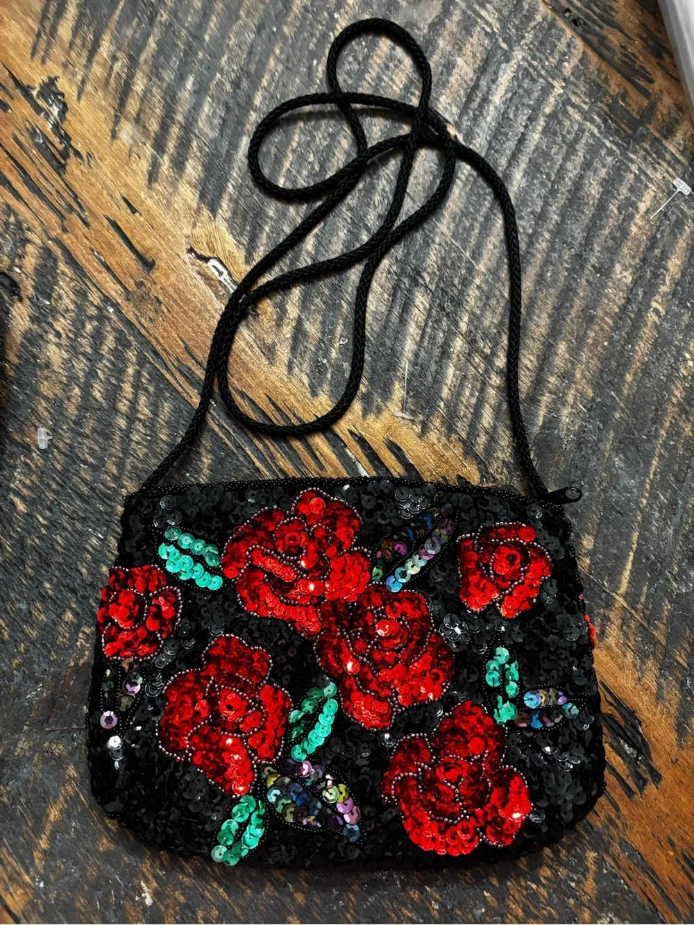 Vintage Black Sequin Floral Evening Bag